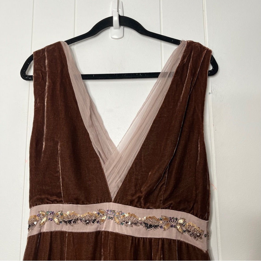 Saja Silk Velvet Midi Dress Beaded and Shear Details Brown Fairy Whims Size 6 - Picture 4 of 9
